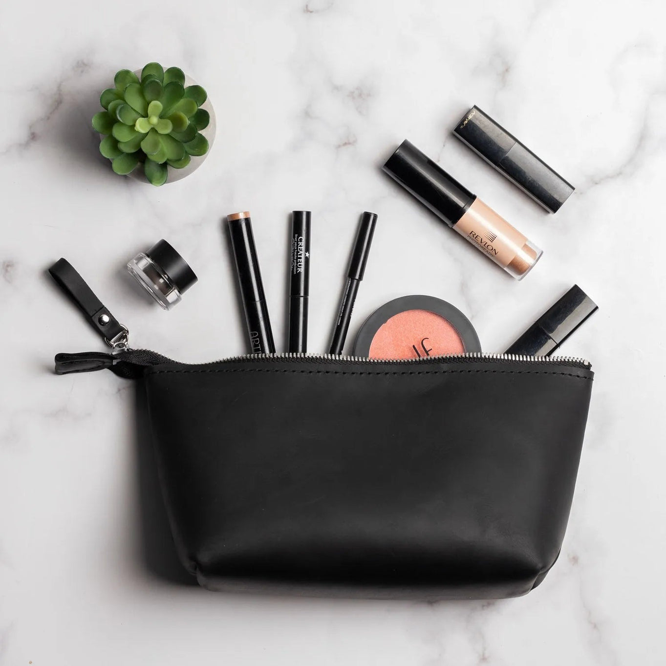 Full grain Leather Makeup Bag - Allure | Matte Black - Skin and Skin