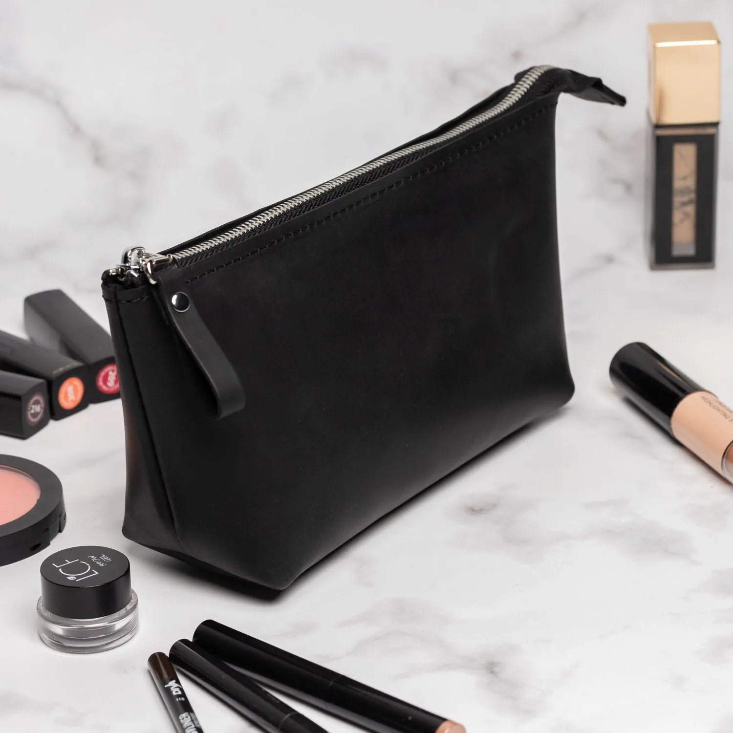 Full grain Leather Makeup Bag - Allure | Matte Black - Skin and Skin