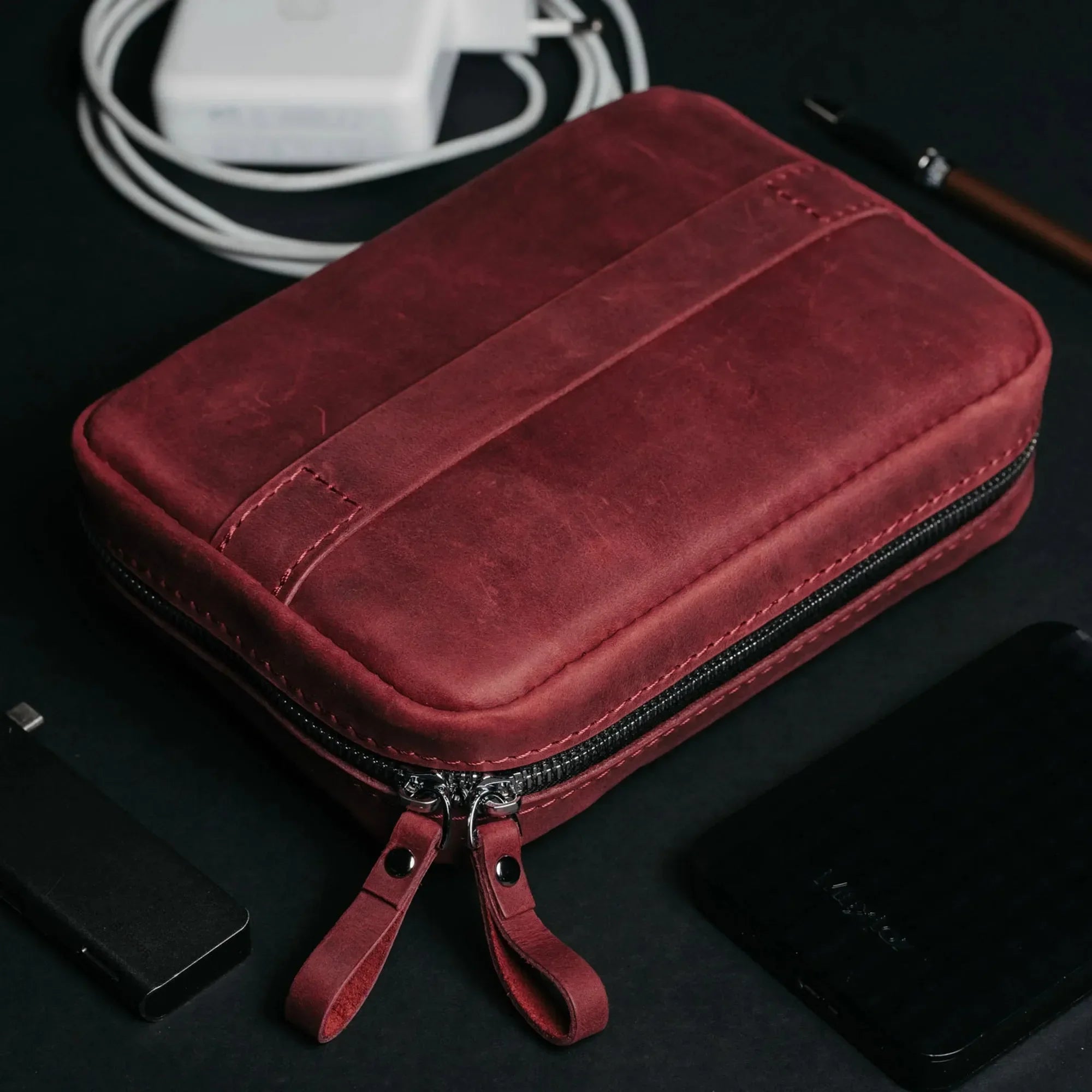 Leather Organizer for Cables & Tech | Burgundy - Skin and Skin