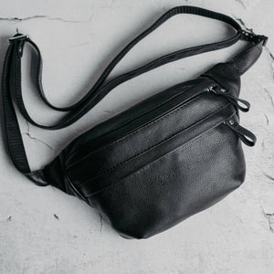 Leather Waist Bag with Zipper | Grainy Black - Skin and Skin