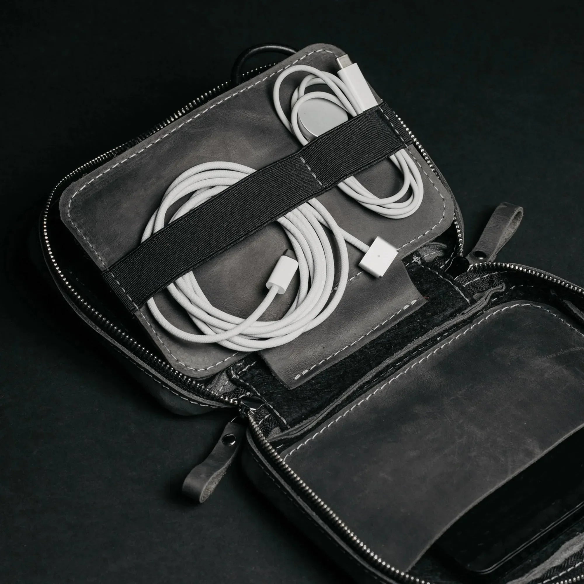 Leather Organizer for Cables & Tech | Smoky Grey - Skin and Skin