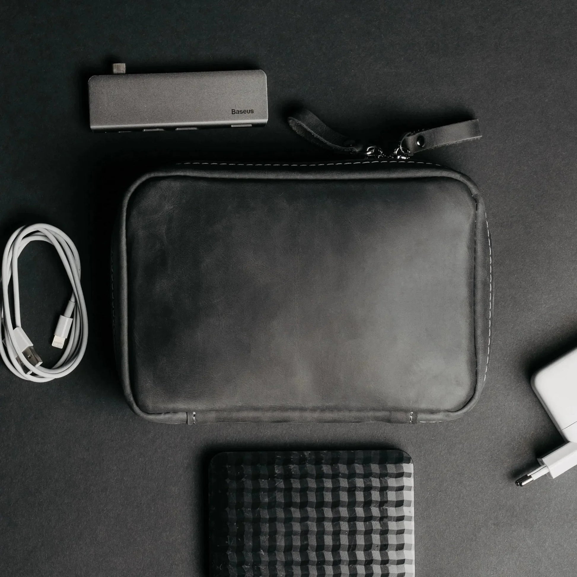 Leather Organizer for Cables & Tech | Smoky Grey - Skin and Skin