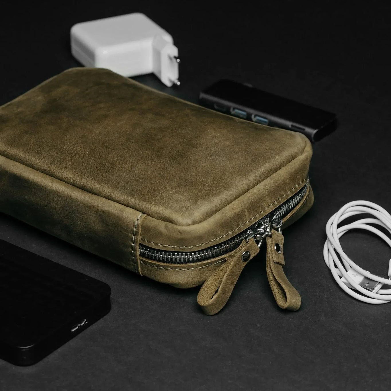 Organizer for Cables & Tech with Zip Closure | Olive Green - Skin and Skin