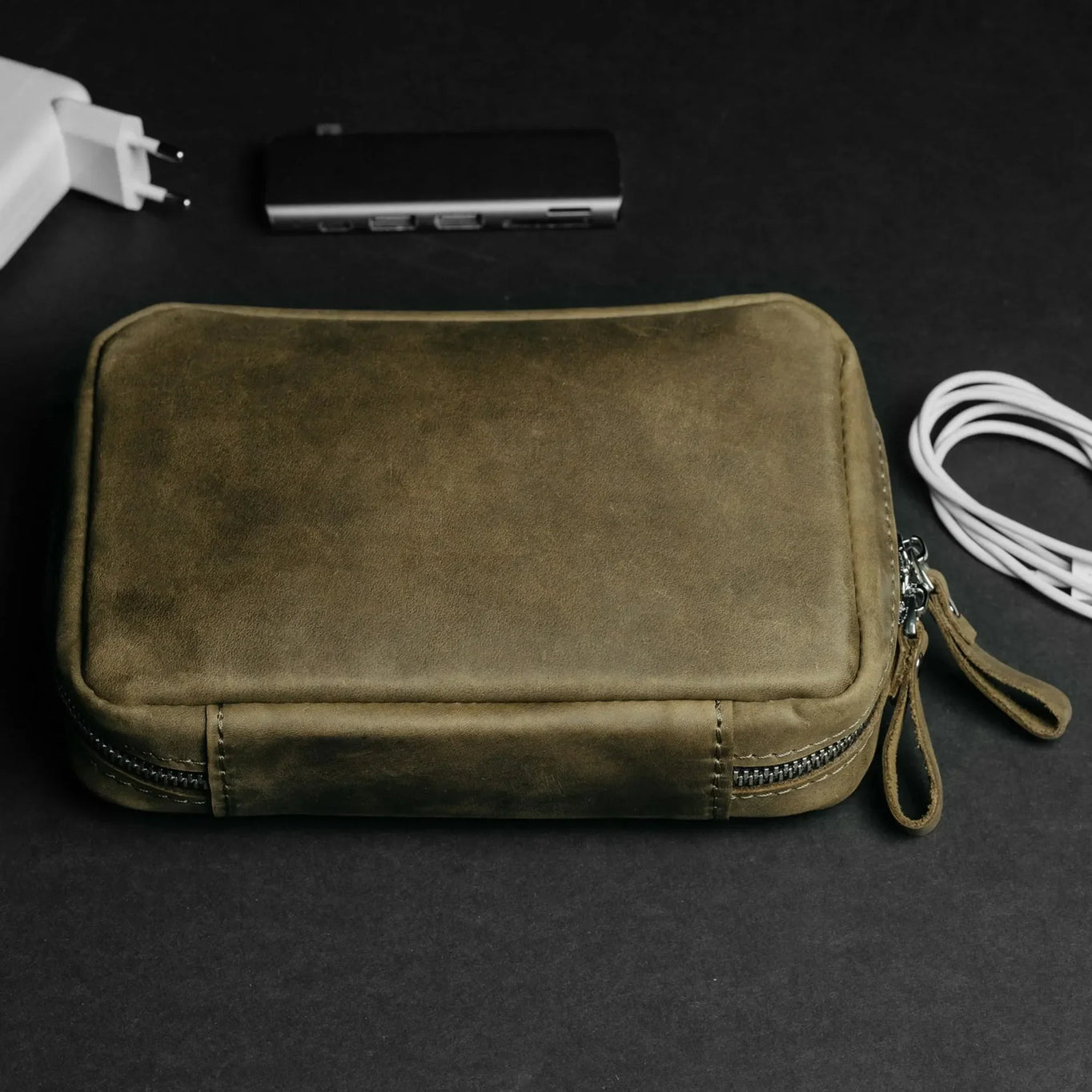 Organizer for Cables & Tech with Zip Closure | Olive Green - Skin and Skin