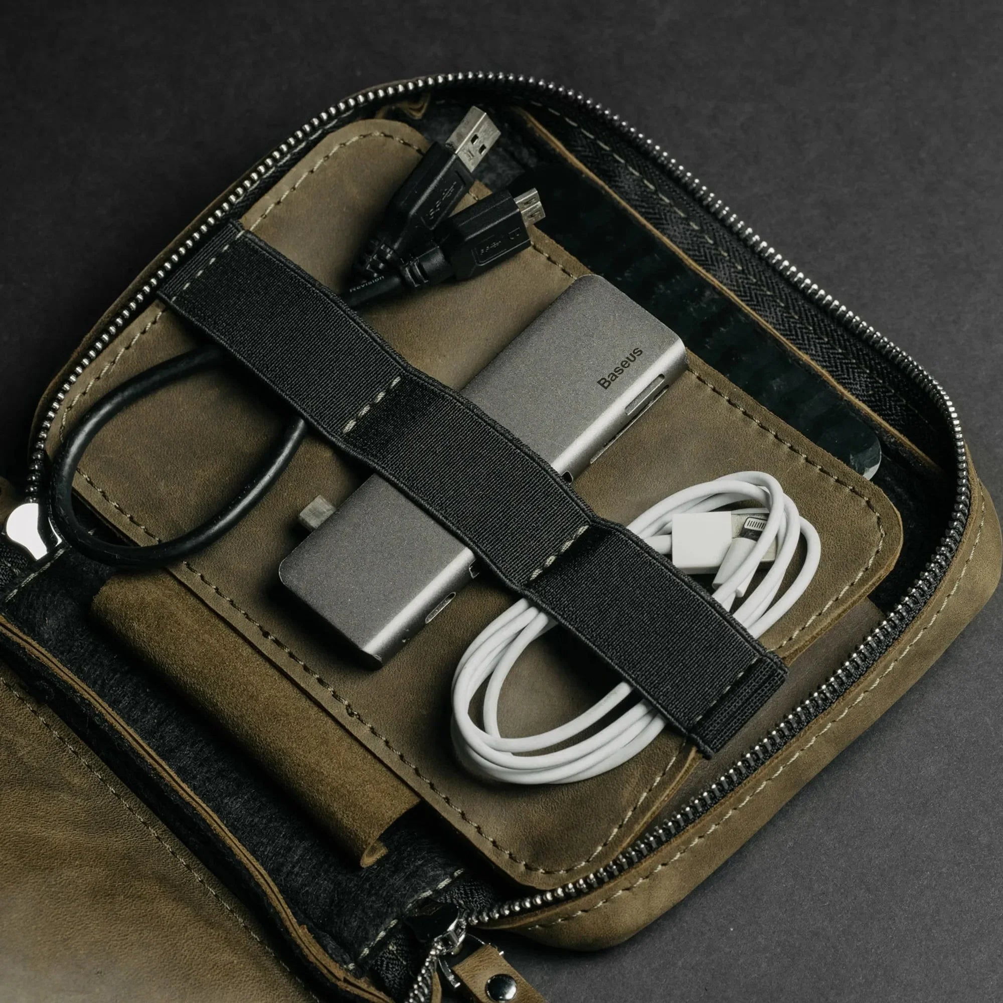 Organizer for Cables & Tech with Zip Closure | Olive Green - Skin and Skin