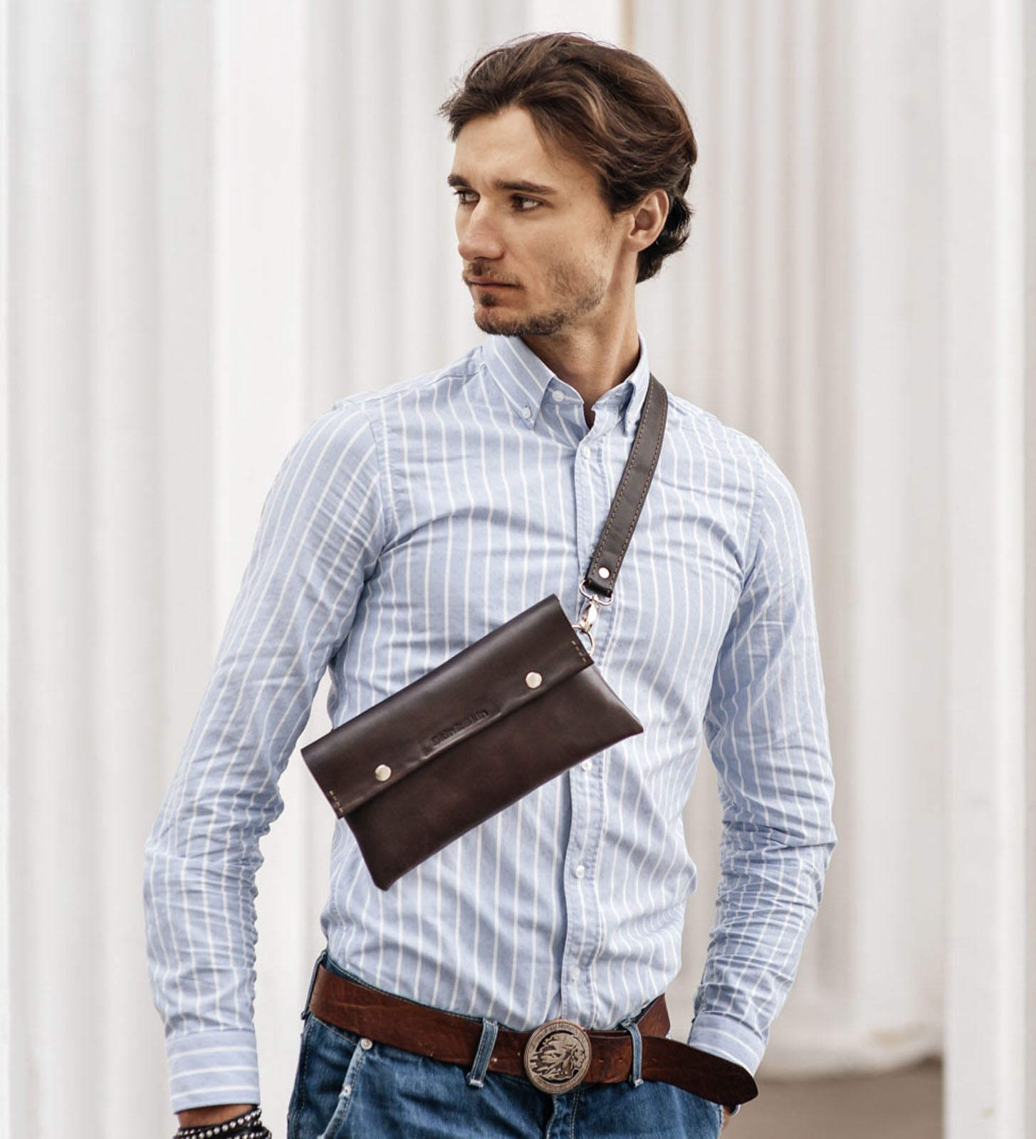 Поясна чоловіча сумка Crossbody M із натуральної шкіри, фото 15 — Skin&Skin