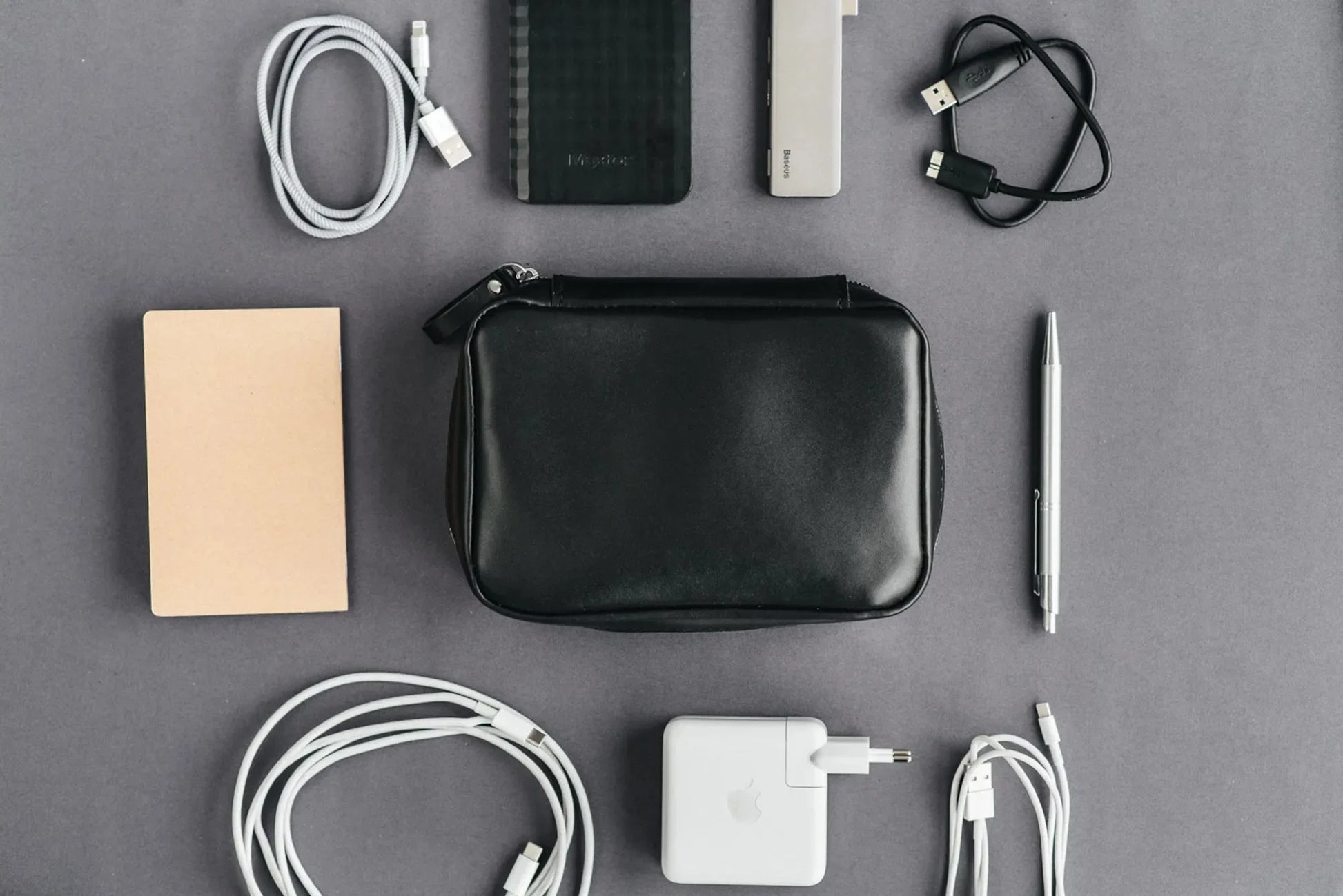 Zippered Leather Organizer for Cables and Tech | Black - Skin and Skin