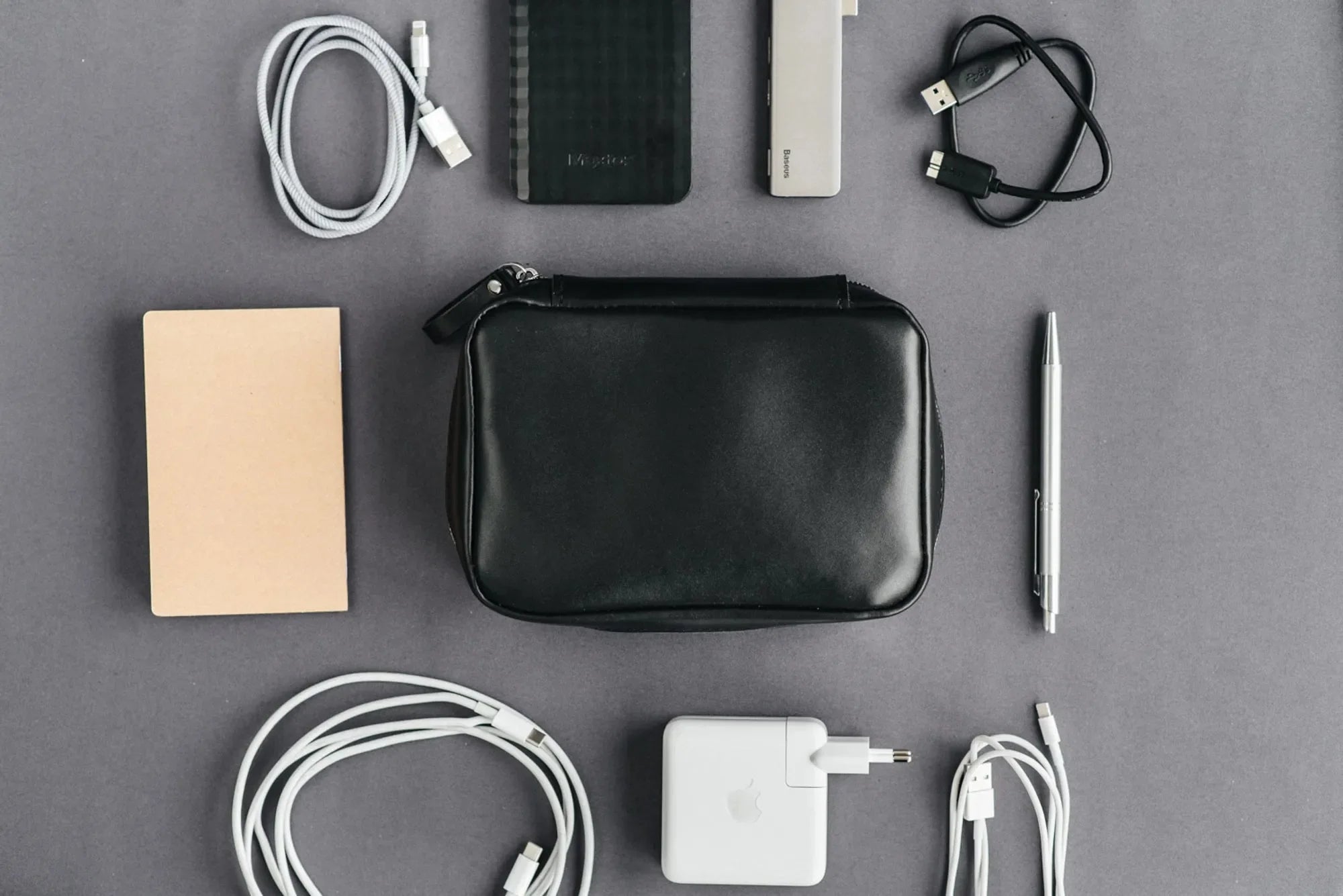 Zippered Leather Organizer for Cables and Tech | Black - Skin and Skin