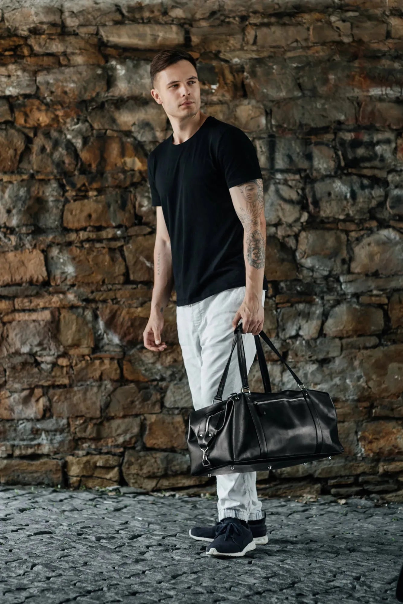 Travel Bag / Duffel Bag - Smooth leather Leather Duffel Bag - Stout | Black - Skin and Skin