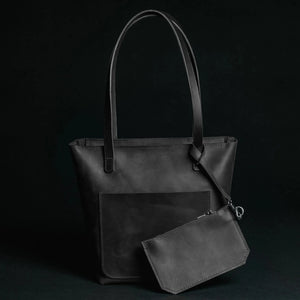 Distressed Leather Tote with pouch | Black - Skin and Skin