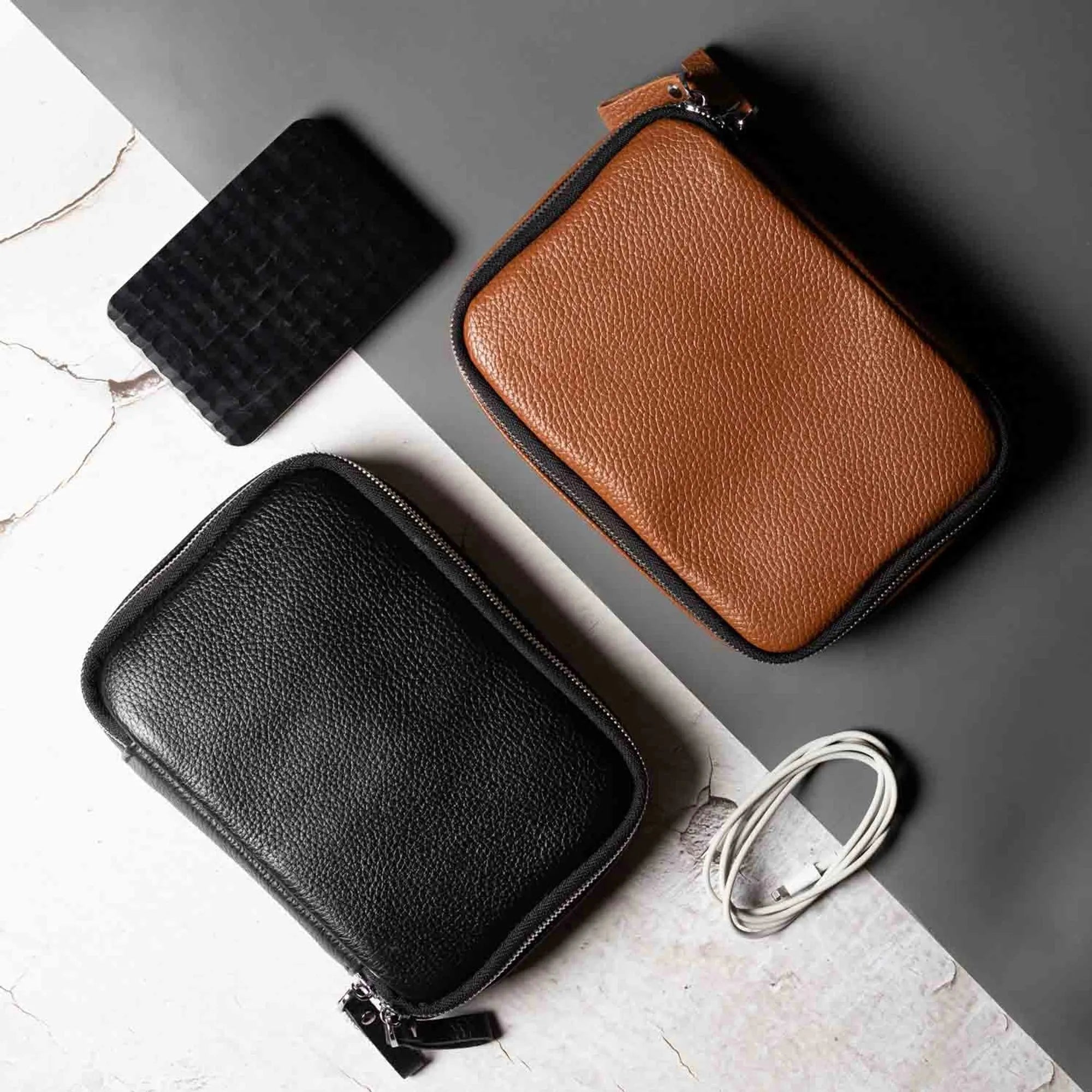 Leather Tech Organizer for Daily Use | Grainy Black - Skin and Skin