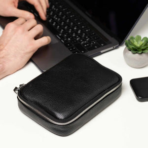 Leather Tech Organizer for Daily Use | Grainy Black - Skin and Skin
