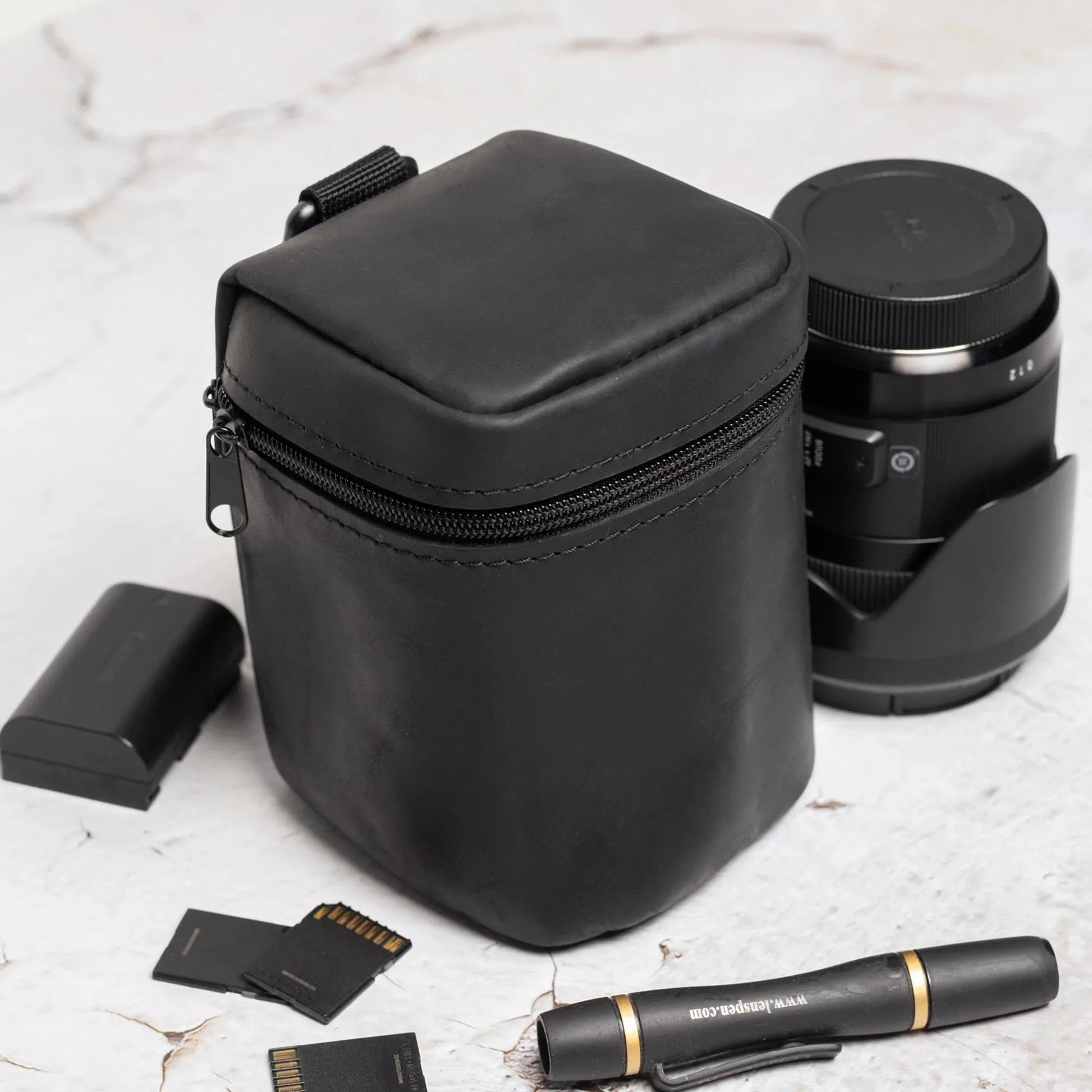 Distressed Leather Camera Lens Pouch | Black - Skin and Skin
