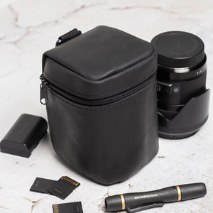 Distressed Leather Camera Lens Pouch | Black - Skin and Skin