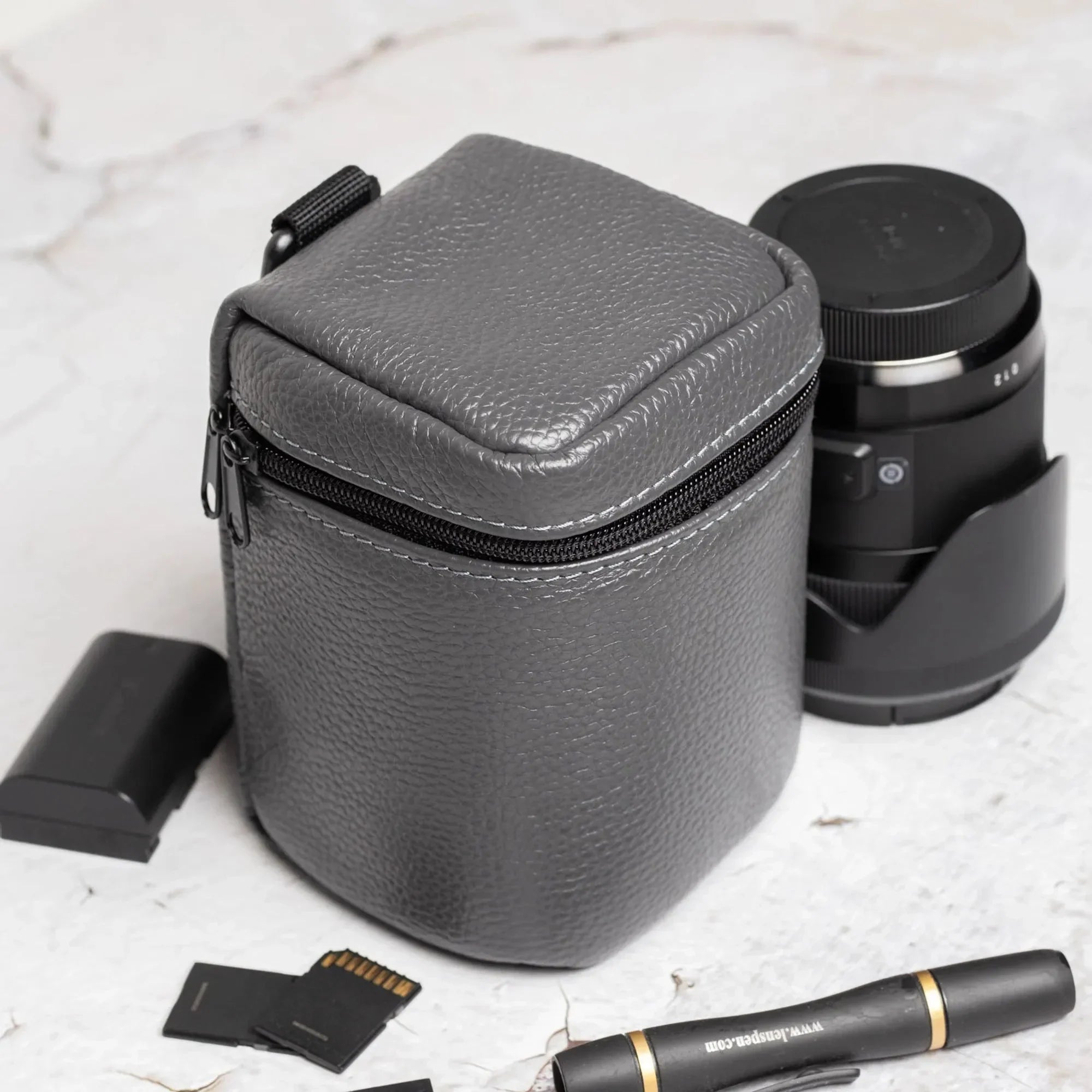 Full-Grain Leather Camera Lens Case | Smoky Grey - Skin and Skin