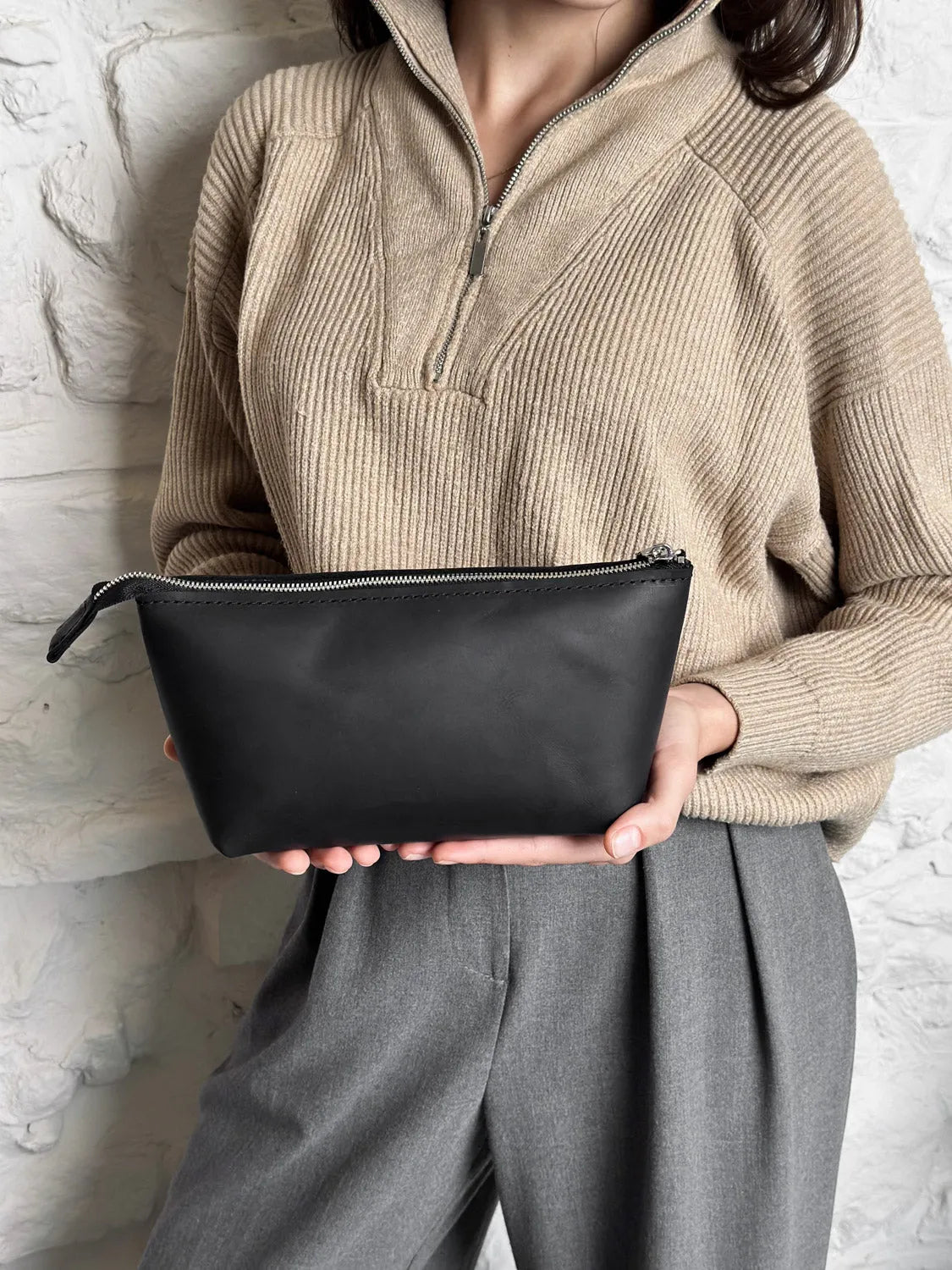 Full grain Leather Makeup Bag - Allure | Matte Black - Skin and Skin