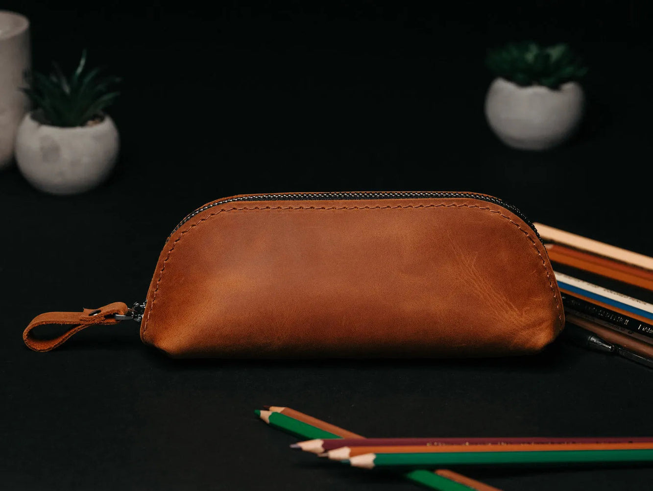 Zippered Leather Pencil Case | Matte Cognac - Skin and Skin