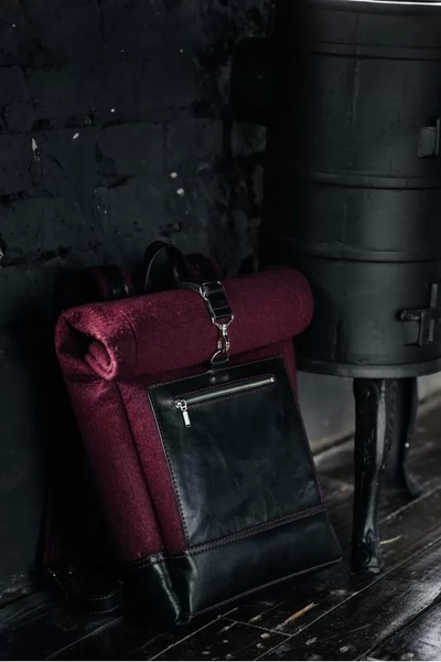 Рюкзак зі шкіри та повсті Woolberg бордовий L BP02BU-L фото