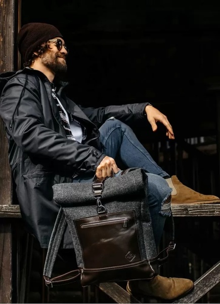 Рюкзак зі шкіри та повсті Woolberg темно-сірий L BP02DGG-L фото